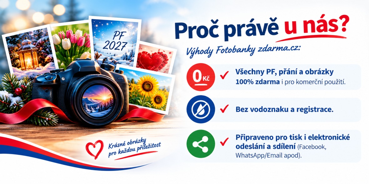 Proč právě u nás? Výhody Fotobanky zdarma.cz: vše 100% zdarma i pro komerční použití, bez vodoznaku a registrace, připraveno pro tisk i sdílení